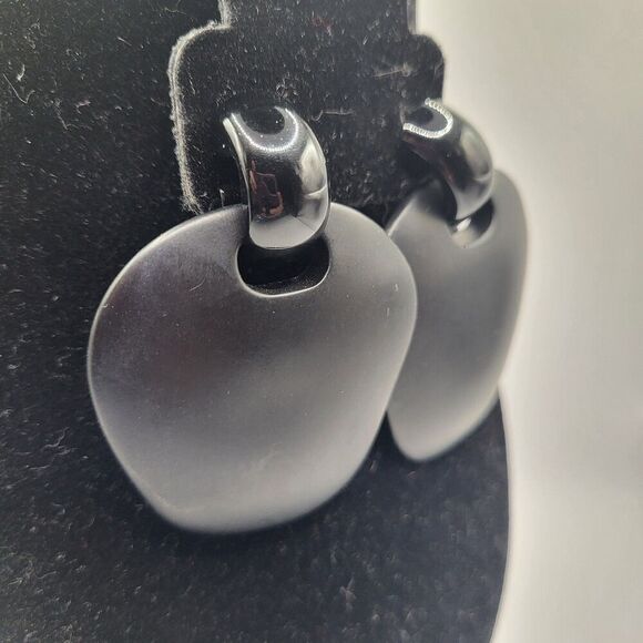 Vintage 80s Shiny Matte Black Post Stud Earrings 2.5in - Picture 4 of 4